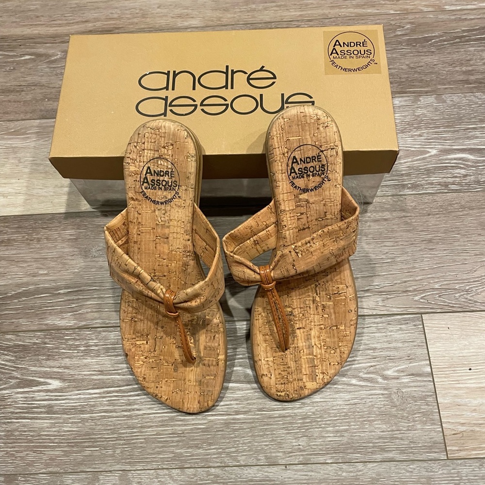 Andre Assous Flip Flop Leather Slip on Flat Cork Sandals Size 8 Made in Spain